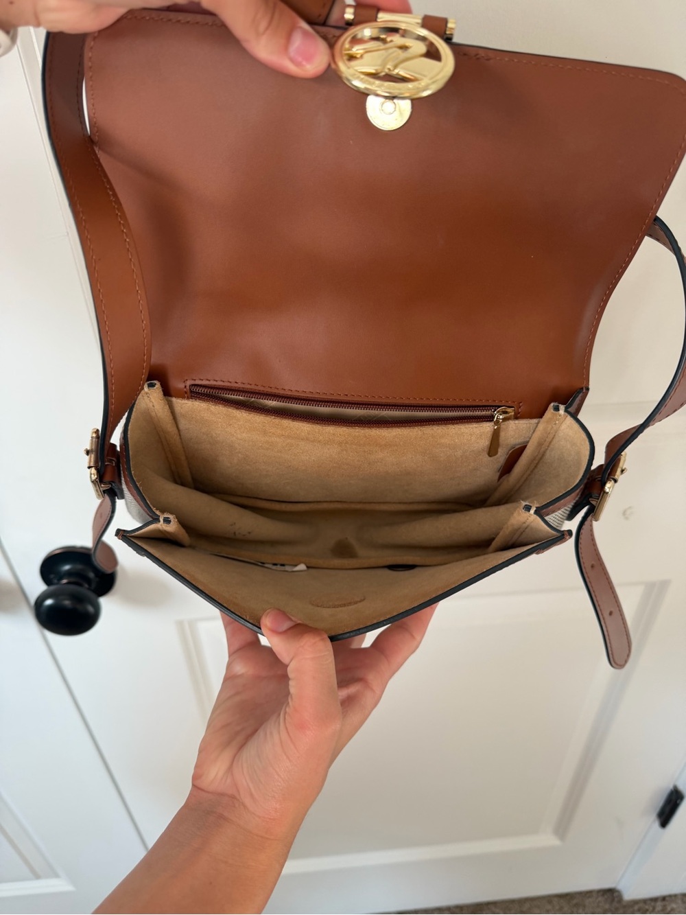 Longchamp Box-Trot bag: Cream Canvas, Brown Leather Crossbody with Gold Hardware - Picture 3 of 3